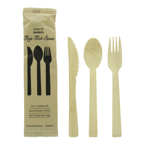 Anji" bamboo cutlery kit 3/1: knife fork tablespoon, kraft wrap- 6.7"