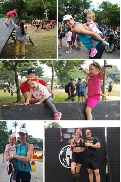 composite images of a family with two young children at various sporting activities and challenges, smiling and happy
