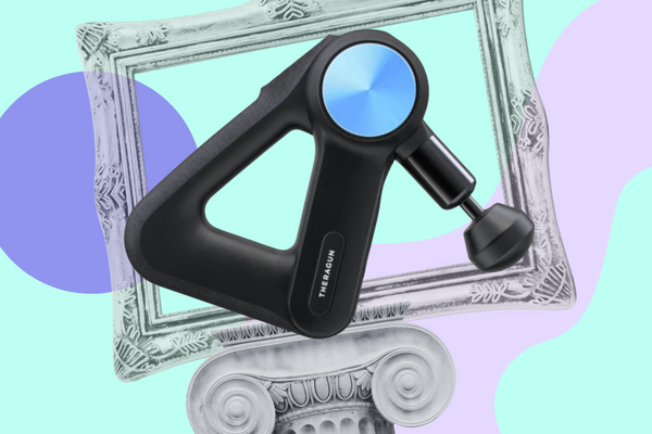 image of a Theragun PRO 4 against a frame and pedestal graphic background