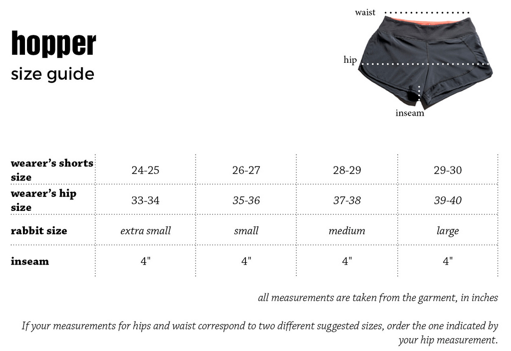 rabbit hopper size chart shorts