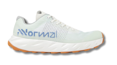 White and pale mint NNormal trail running shoe side profile product shot