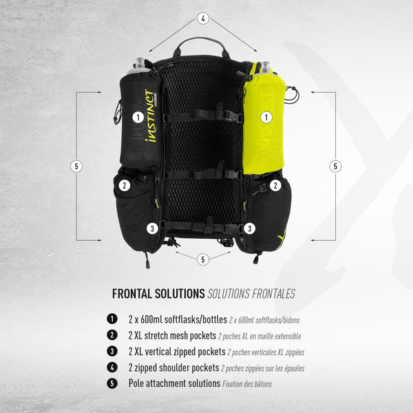 Instinct hydration vest front pockets and storage solutions