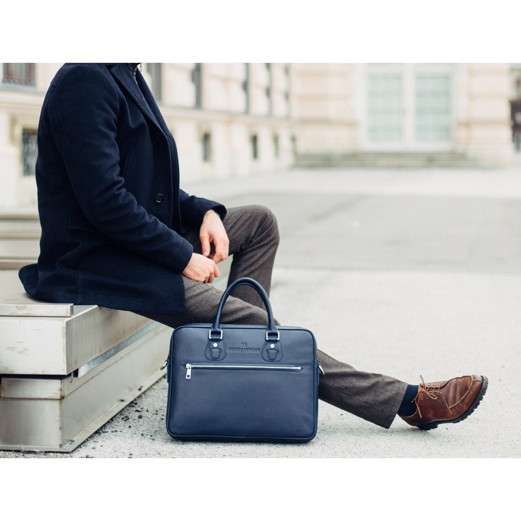 blue leather bag