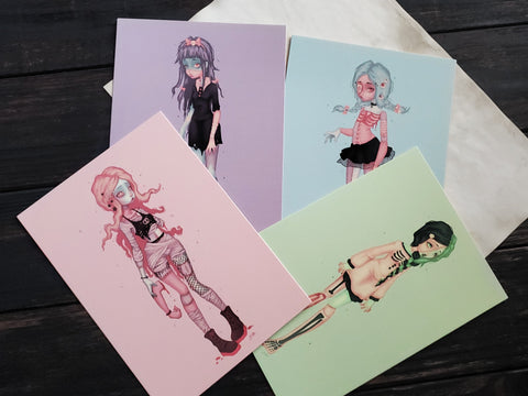 Pastel ghoul creepy cute zombie girl art print post card set.