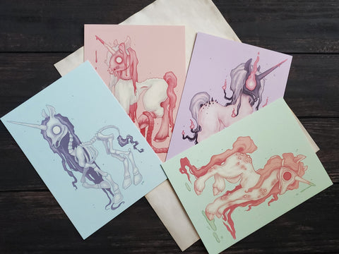 Undead zombie unicorn 4 horse men pastel goth art print set.