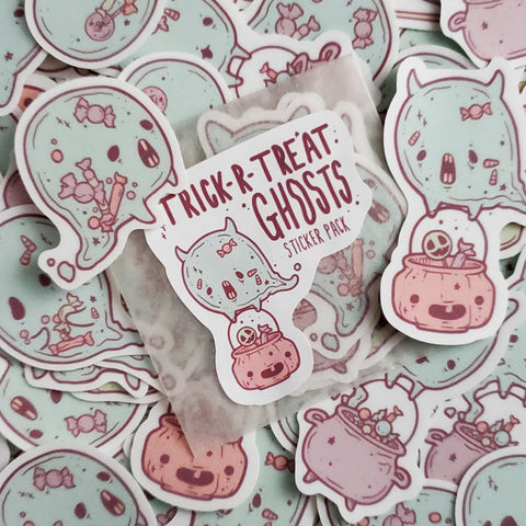 Spooky cute pastel goth Trick r Treat Halloween ghost sticker pack.