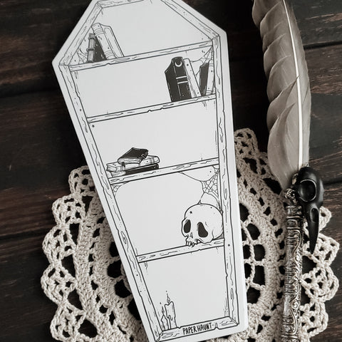 Creepy cute gothic coffin shaped bookshelf notepad.