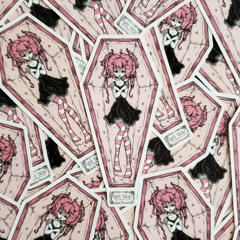 Pastel goth cute vampire girl in a coffin sticker.