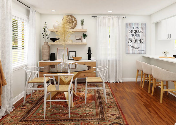 apartment dining room with rug and wall art - Gear Den