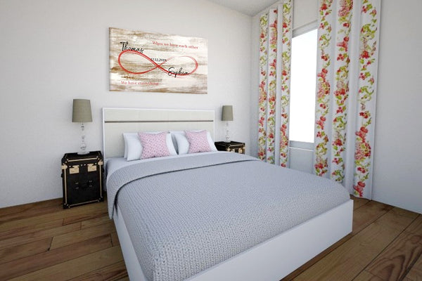 cozy bedroom - minimalist design - customized wall art - couples names