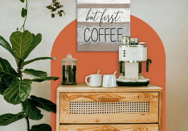 coffee bar with plants and coffee wall art - GearDen