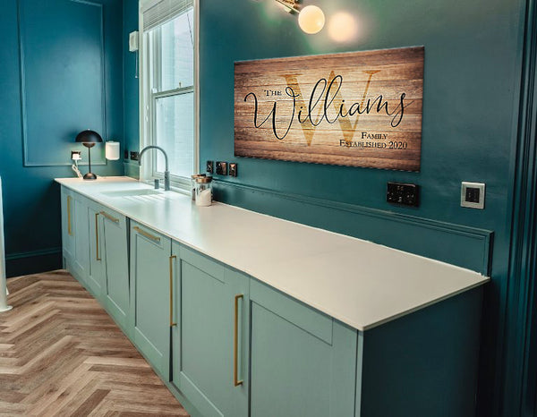 spacious kitchen with family name wall art - Gear Den