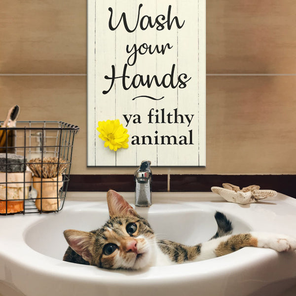 cat in sink with bath products and wall art - GearDen