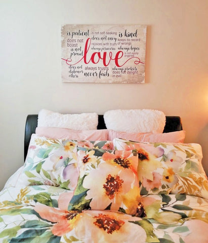 Pantone Color of the year 2024 floral bedroom with Love wall art- Gear Den