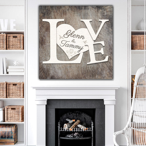 white fire place - white shelf - organized - custom mantlepiece art - love