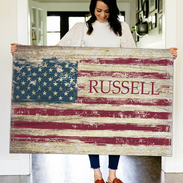 July 4th decor - personalized American flag wall art with family name for USA Independence Day - party ideas - GearDen.com