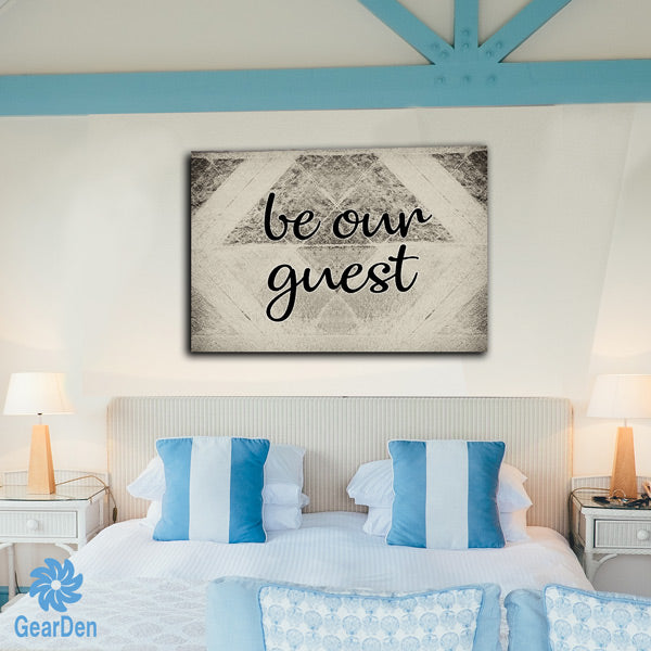 blue and white beddings - guest room wall art - be our guest