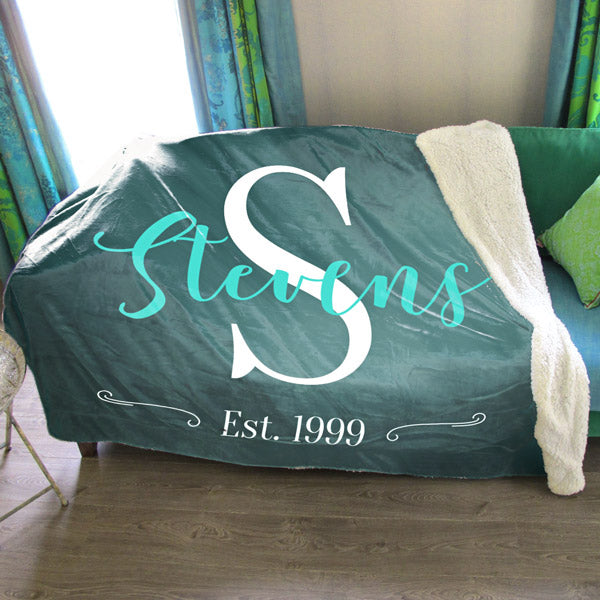 large cover on couch - personalized family name blanket - teal