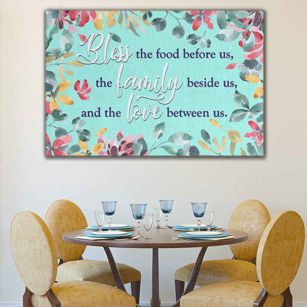 bless the food before us - flower wall art - elegant dinnerware 