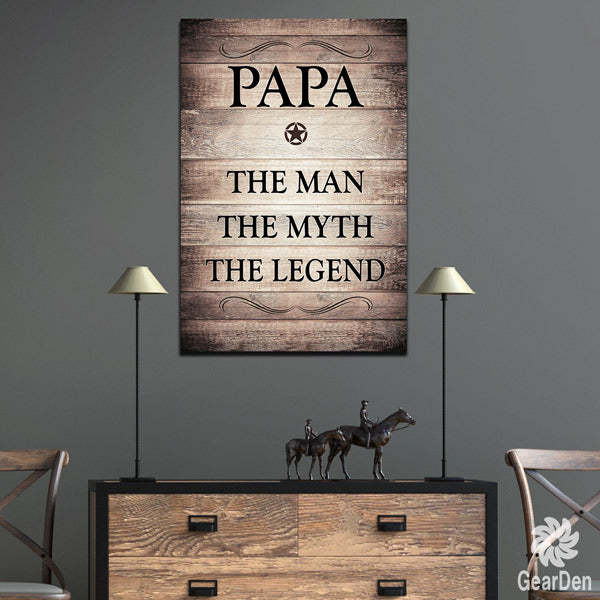 wooden furniture - cowboy center piece - horses - simple lamps - papa rustic wall art - the man the myth the legend