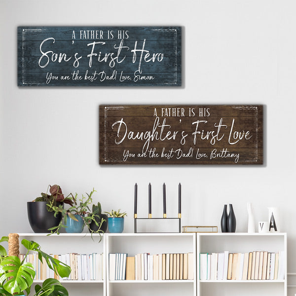 white book shelf - indoor plants - father wall art - son's first hero - daughter's first love