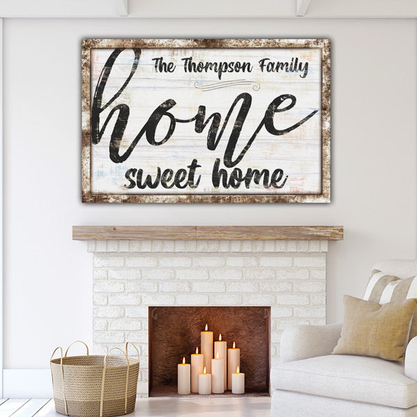 white brick fireplace - wicker basket - candles - personalized family name art - home sweet home - mantlepiece