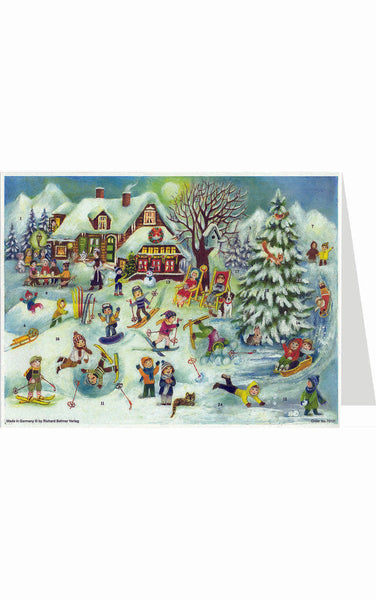 Advent Postcard - Ski Hut With Children Playing