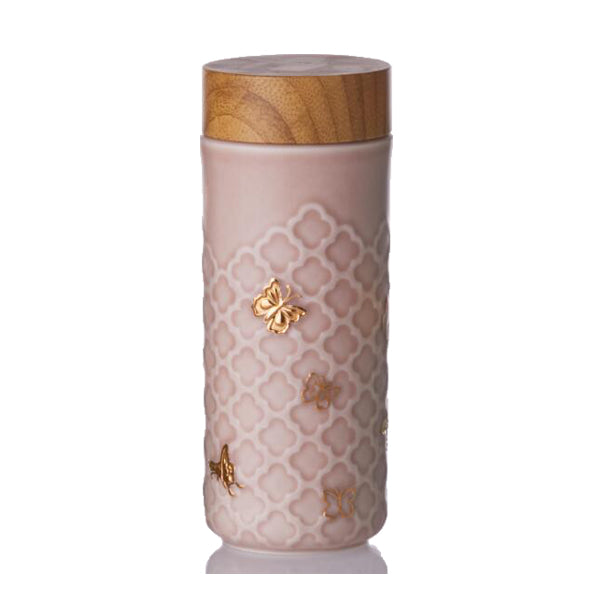 Honey Bee 12.3oz Ceramic Travel Mug (Gold) White with Hand-Painted Gold and Red Bees