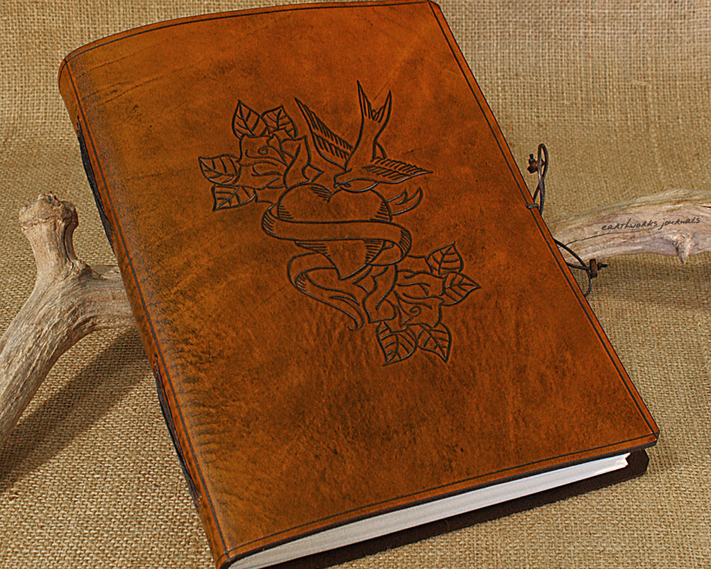 A4 Large Brown Leather Journal Retro Swallow Heart And Rose Tattoo Des 