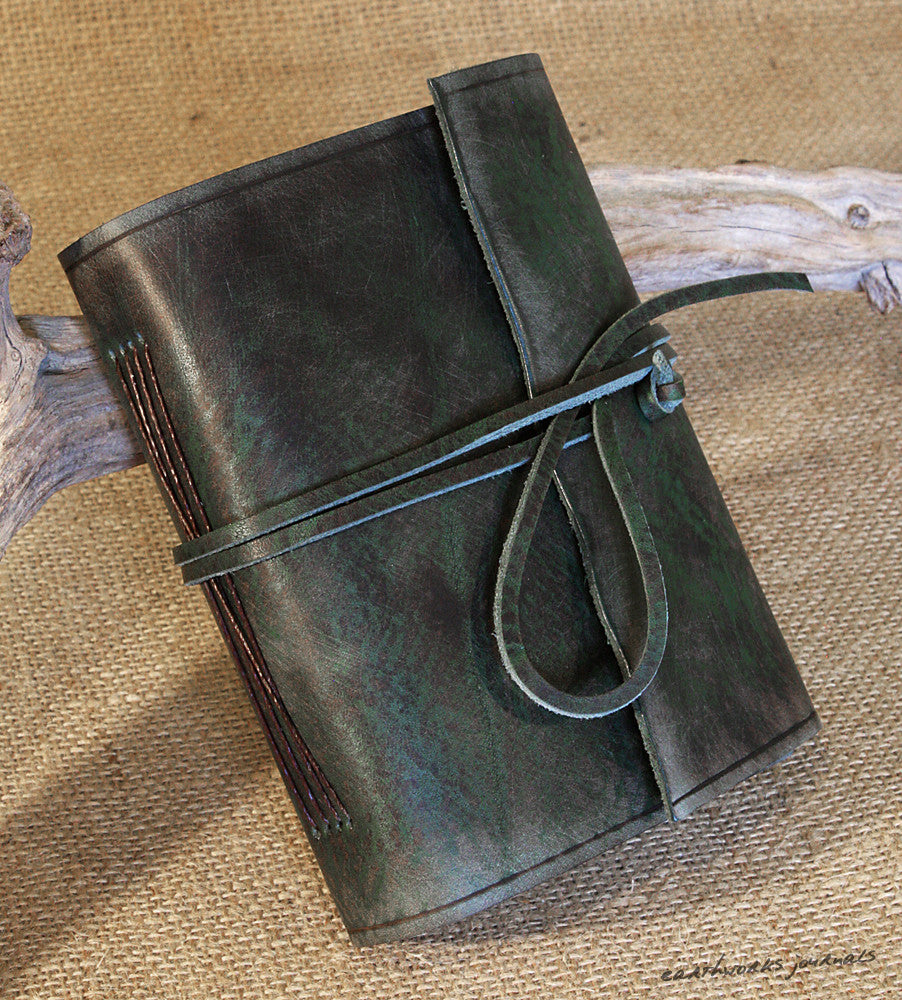 A6 Distressed Green Leather Travel Journal, Wraparound Cover with Natu ...
