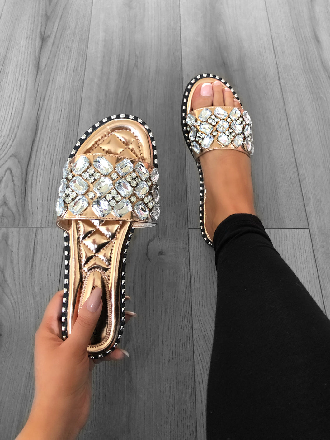 Rose gold studded crystal sliders 