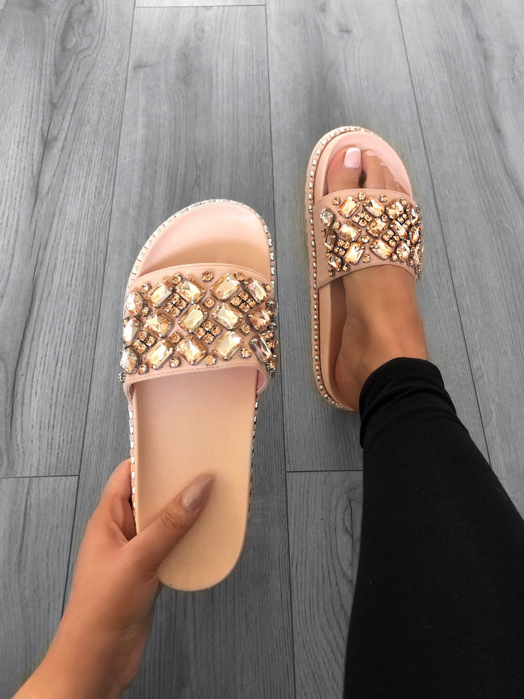 nude studded sliders