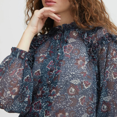 Navy and Burgundy Floral Paisley Blouse Sheer