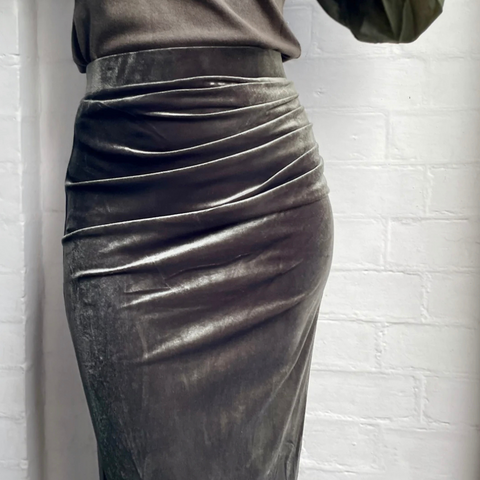 Ruched Velvet Skirt Khaki Grey