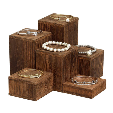 #WD9866DBR Two-Sided Rotating Wooden Jewelry Bracelet Display Stand-6  Removable Holders, 3 Tier Bar Bangle Organizer-Perfect