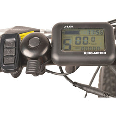 The backlit LCD display on the DJ Mountain Bike, electric mountain bike controls the 5 level pedal assist and displays speed, time and riding distance