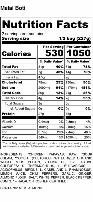 Halal Malai Boti Nutrition Facts