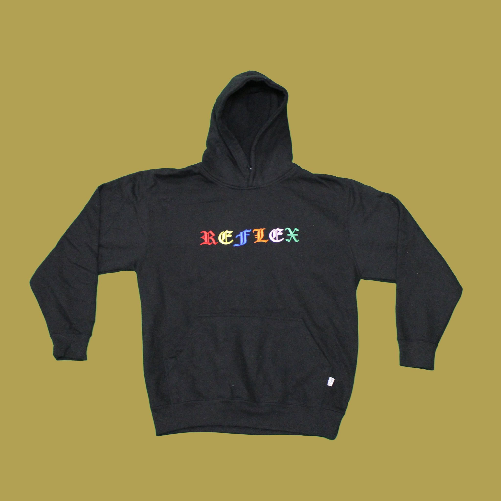 black hoodie with rainbow