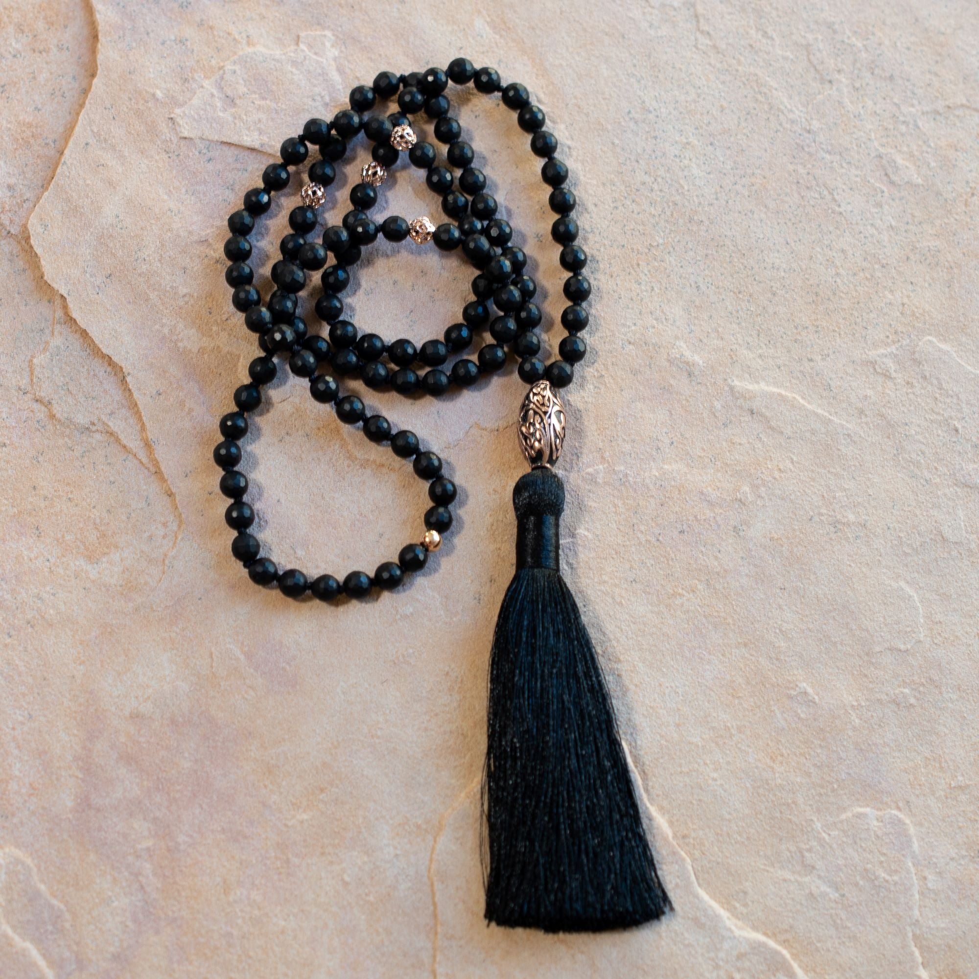 Energy Protection Black Onyx Repousse Mala, Rose Gold Plated