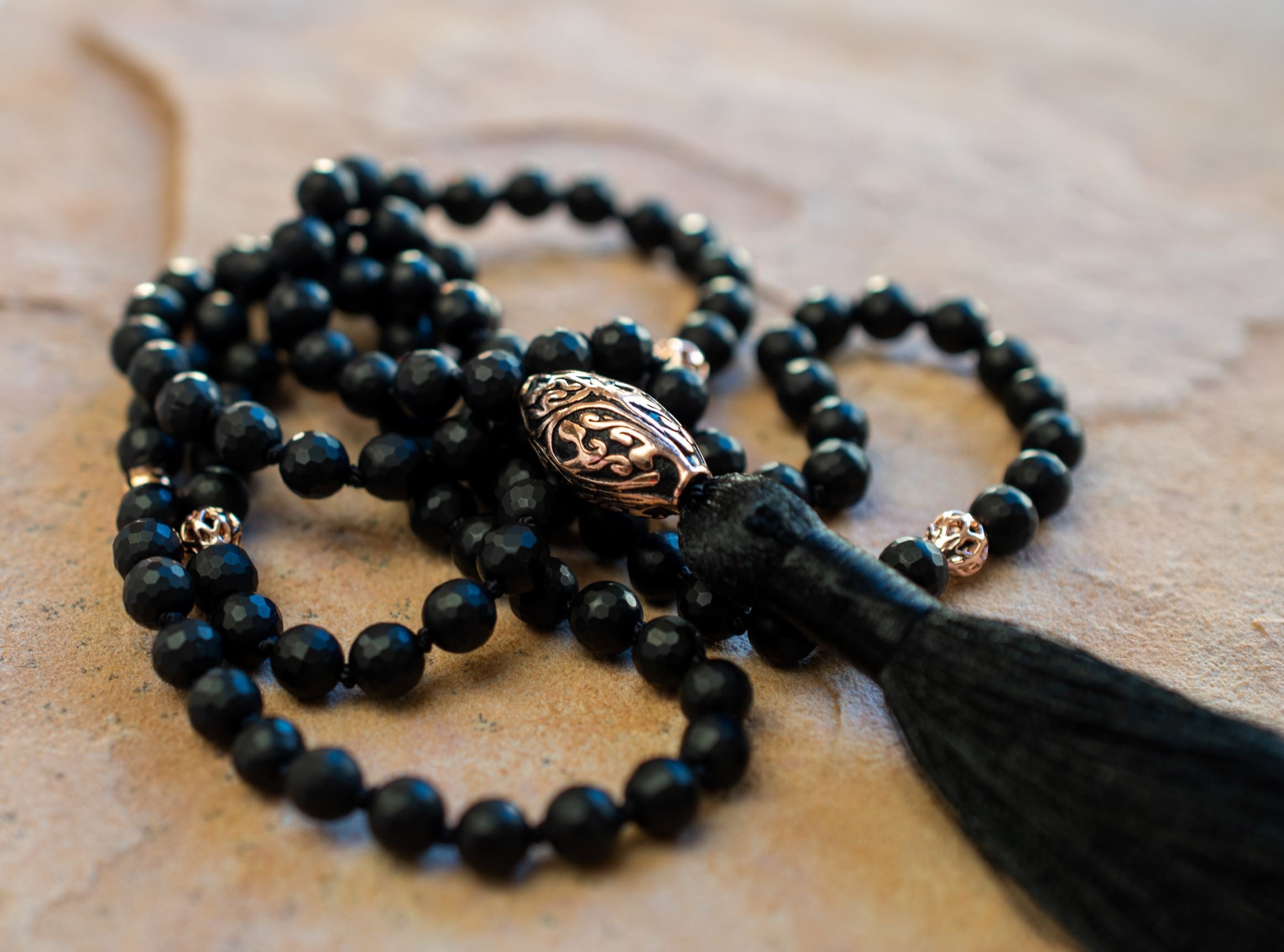 Energy Protection Black Onyx Repousse Mala, 18k Gold Plated