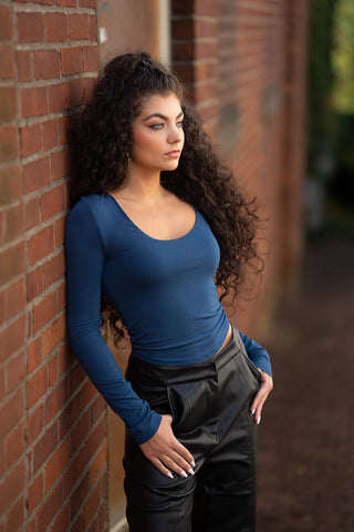 everyday layered basic long sleeved top in cobalt and faux leather pants