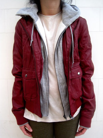 Red leather with grey hoodRed leather with grey hood