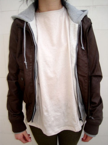 Brown leather with grey hood