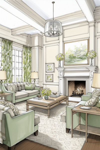 fresh green and neutral traditional living room