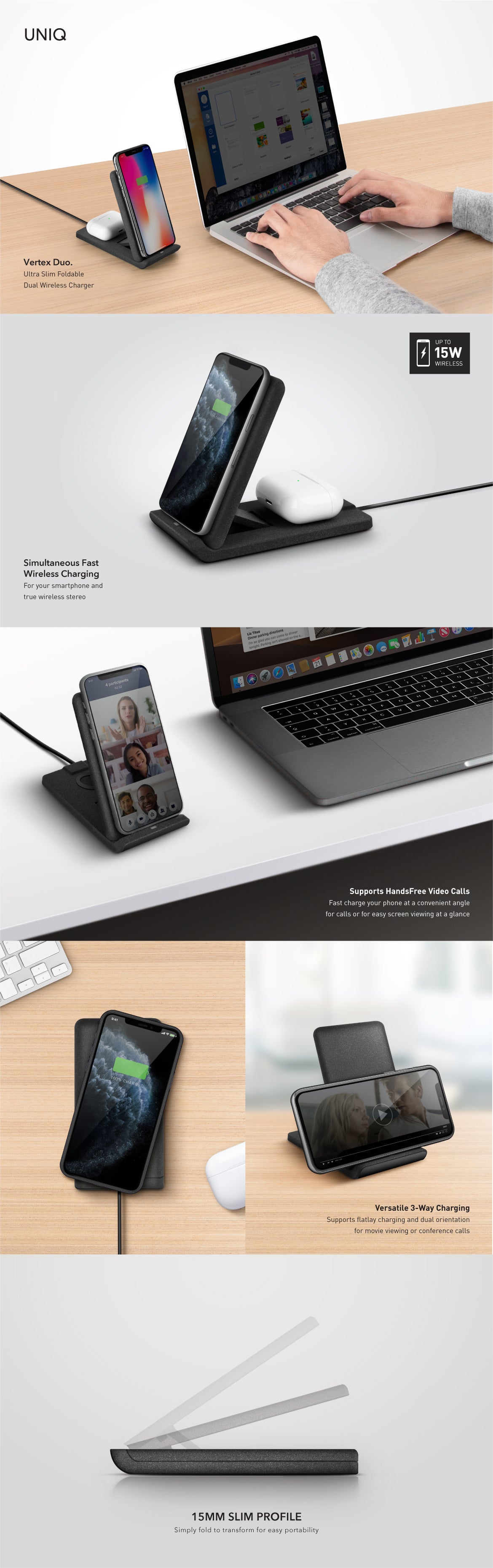 UNIQ Vertex Duo Slim Foldable Dual Fast Wireless Charger For Phone and AirPods Pro / True Wireless Stereo