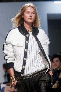SS14 Trends Bomber Jacket Space Age Sports Balmain, donna ida, london fashion, london style, bomber jacket, stripes, tee, leather pants, runway, model