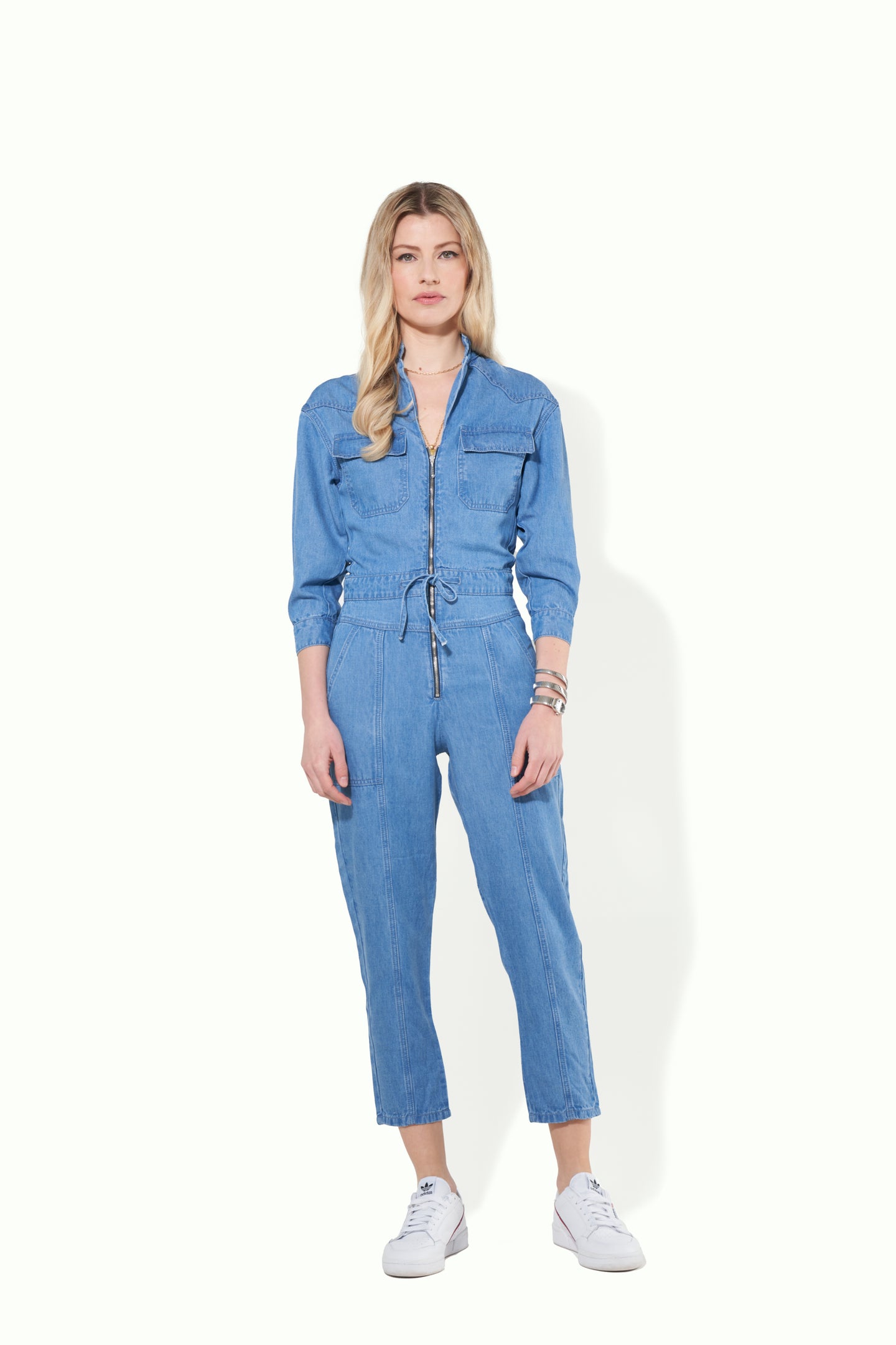 denim drawstring jumpsuit