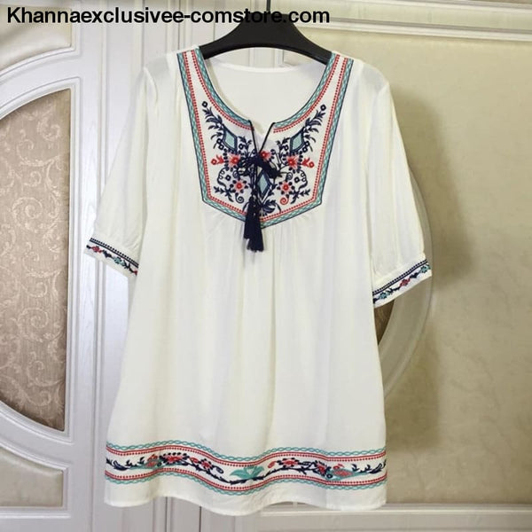 Summer Ethnic Boho Embroidery Women’s Short Sleeve Casual Blouse Plus ...