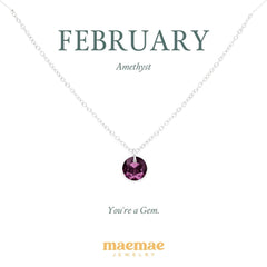 Birthstone Necklace - Crystal Pendant Dainty Necklace 16"-18" (standard) / February - Amethyst / Sterling Silver MaeMae Birthstone Necklace - Crystal Pendant is a Swarovski Crystal on a Dainty Gold or Silver Necklace.