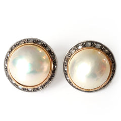 Italian Round Pearl Cabochon Diamond Earrings